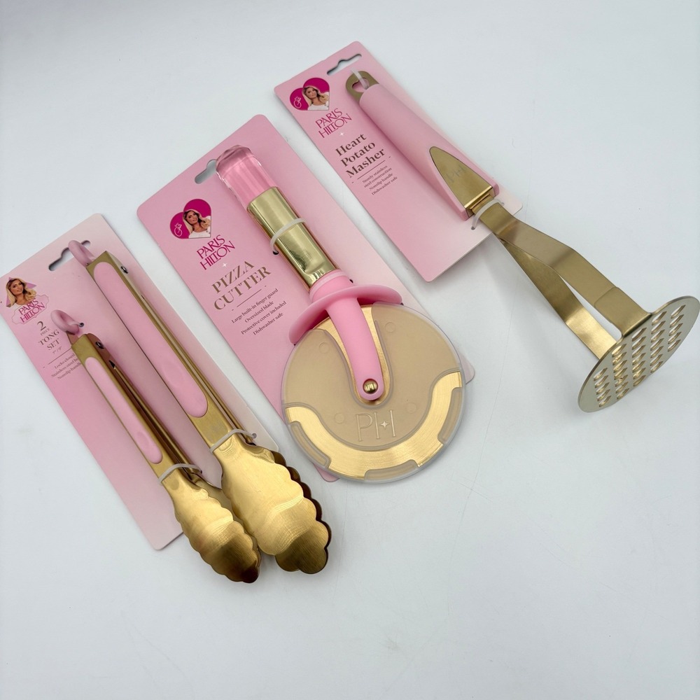 Paris‎ Hilton Kitchen Utensil Set, Tongs, Pizza Cutter, Potato Masher, Pink